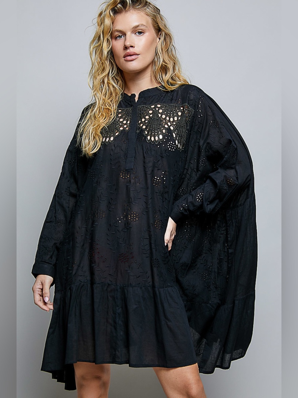 POL 100% Cotton Black Eyelet Boho Tunic Dress - Size M - XXL